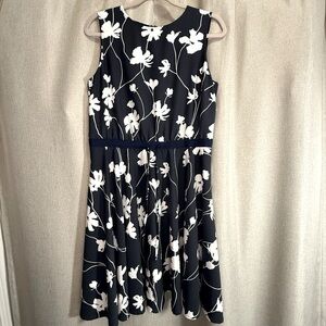 Brooks Brothers Navy Floral Dress Fit Flare A Line Tie Waist High Neck Womens 10